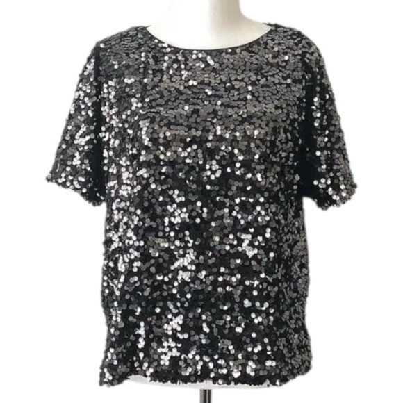H&M Tops - H&M Black Sequin Party Top Sparkle Short Sleeve Blouse Glam Event Holiday Tee M